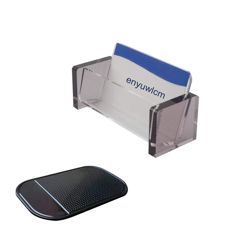 enyuwlcm Acrylic Desktop Business Card Holder Display for Desk Elegant Business Card Stand for Office Grey/Clear with One Non-Slip Mat (Sticky) - Image 1